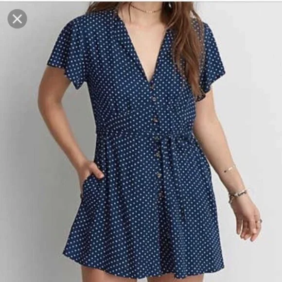 American Eagle Navy Polka Dot Button Front Romper Medium Viscose Short Sleeve - Picture 7 of 10
